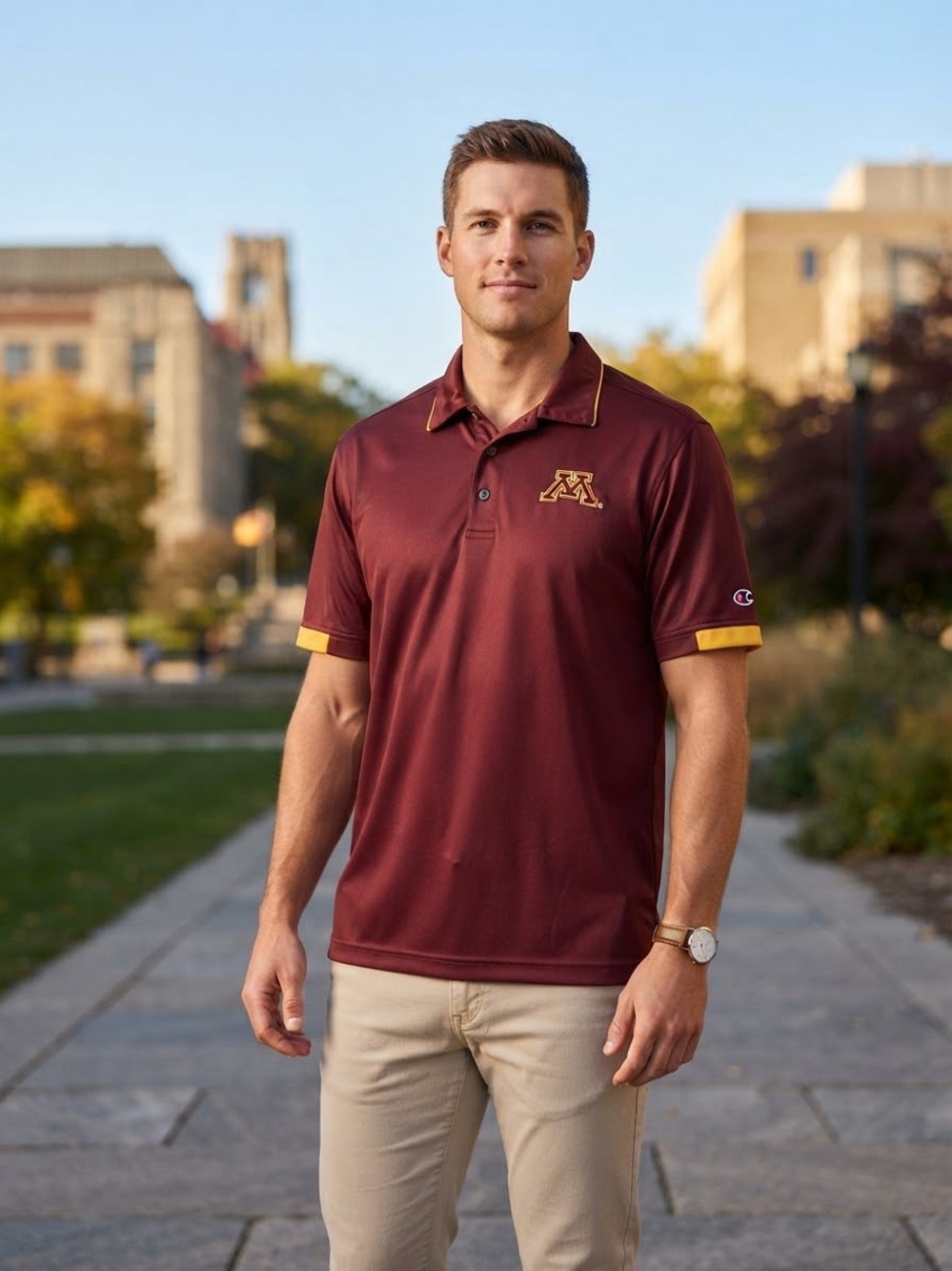 Champion University of Minnesota Gophers Maroon Gold Polo Shirt Men's Size Large